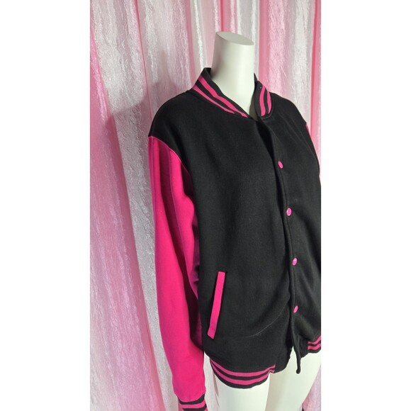 Just Hoods By AWD's  Heavyweight Pink & Black Baseball Jacket Size Large Unisex - Picture 3 of 10